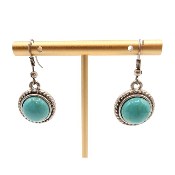 Silver Tone Faux Turquoise Cabochon Southwestern Drop Pierced Earrings Unsigned - Picture 1 of 3